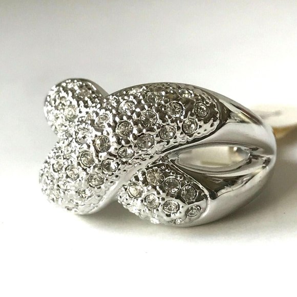 Vintage Silver Criss Cross Cocktail Ring Swarovski Crystal Size 9 Camilla Lucia - Picture 5 of 12